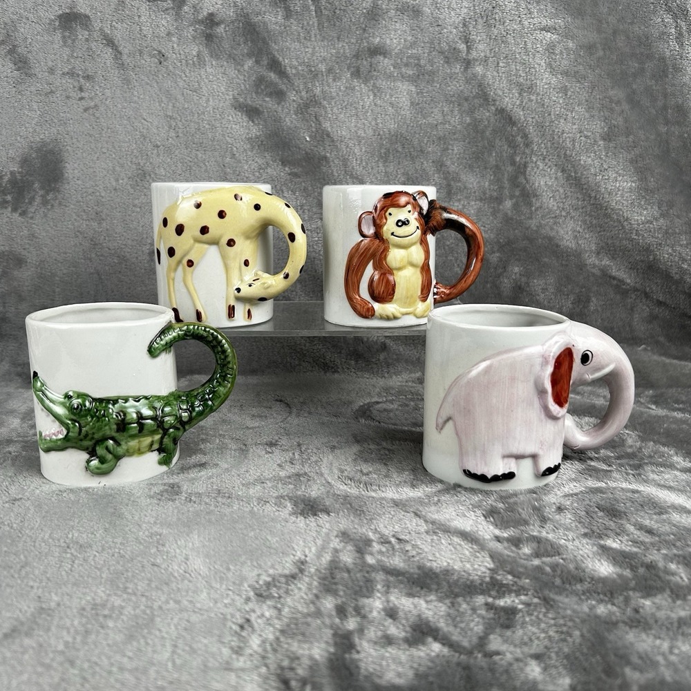 Vintage Prestige Zoo Coffee Mug Tail Handle Set Of 4 Ceramic Taiwan 70s NEW NOS